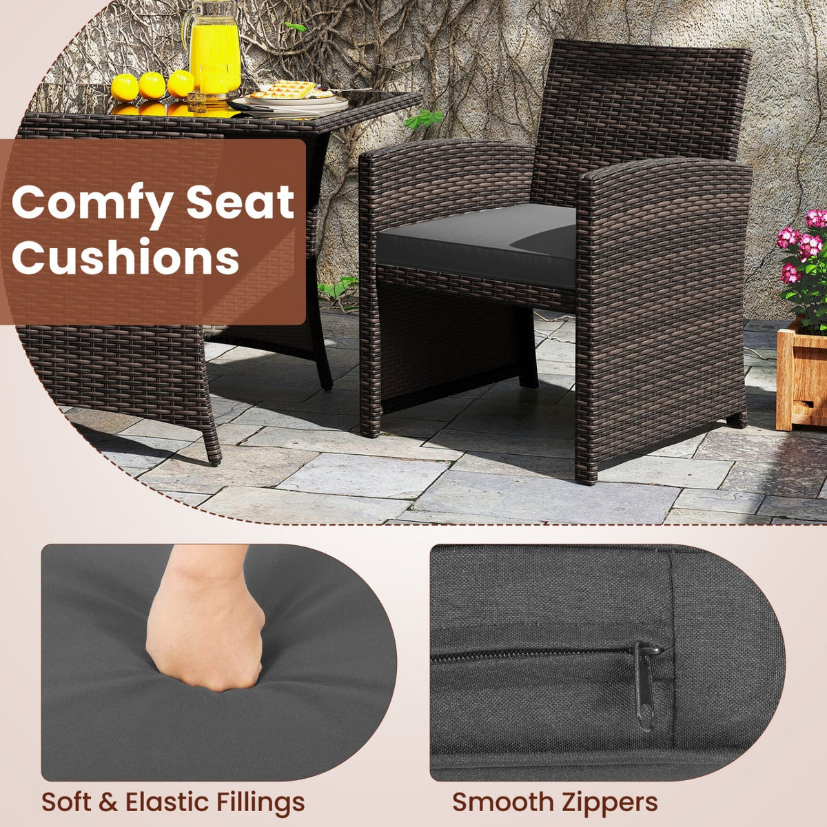 3-Piece Wicker Patio Dining Set with Tempered Glass Table 7