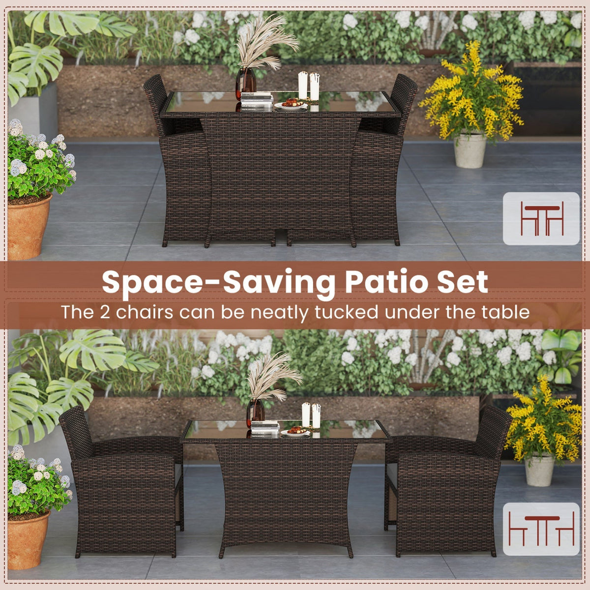 3-Piece Wicker Patio Dining Set with Tempered Glass Table 8