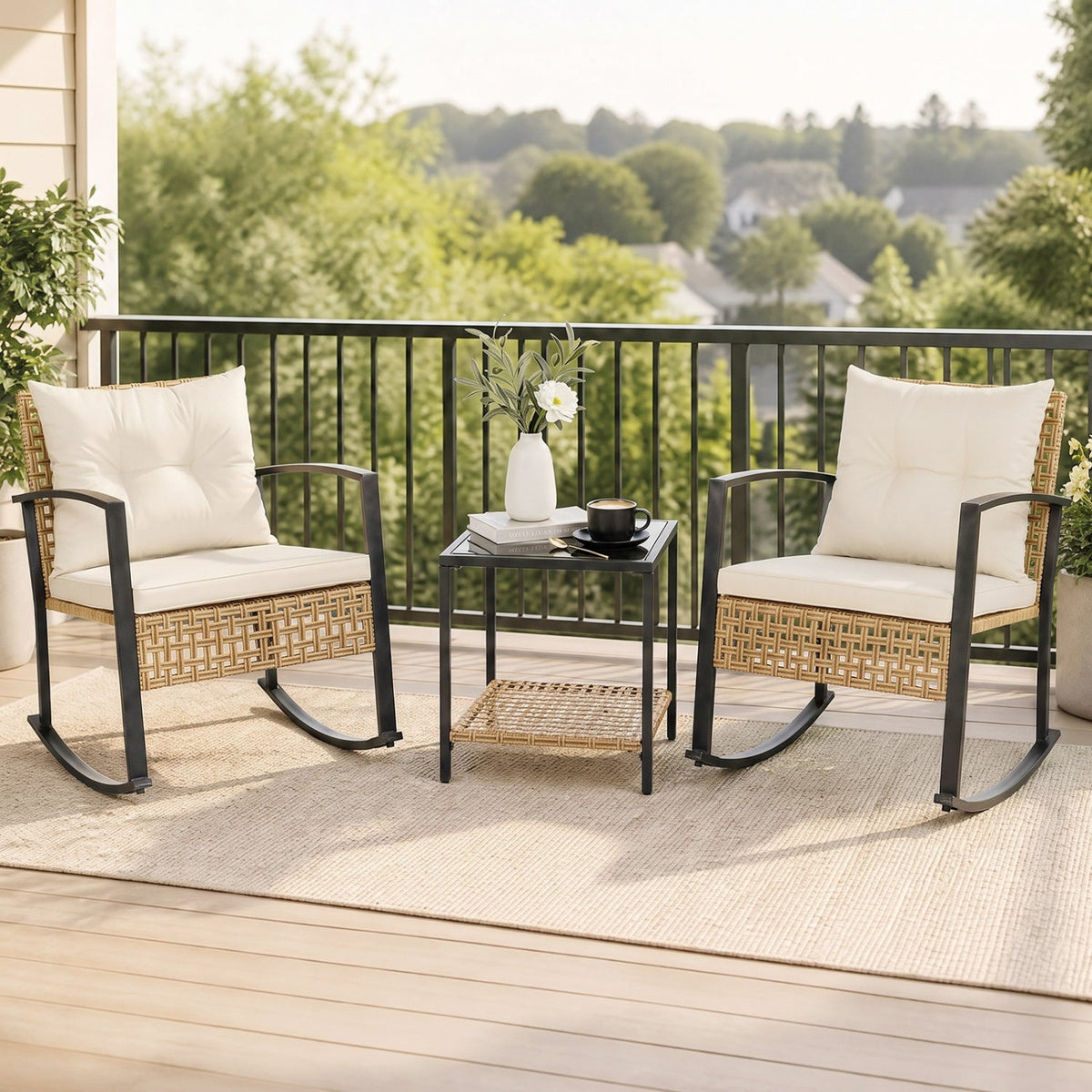 3-Piece Rattan Patio Conversation Set with Rocking Chairs 7