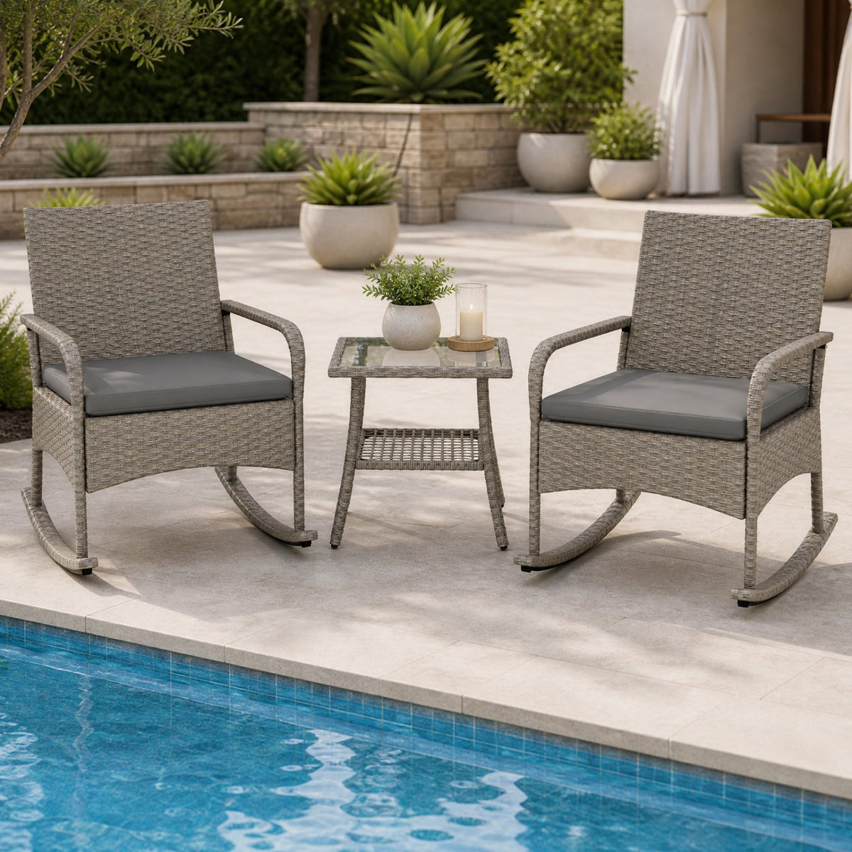 3-Piece Wicker Rocking Bistro Set with Cushions - Gray 1