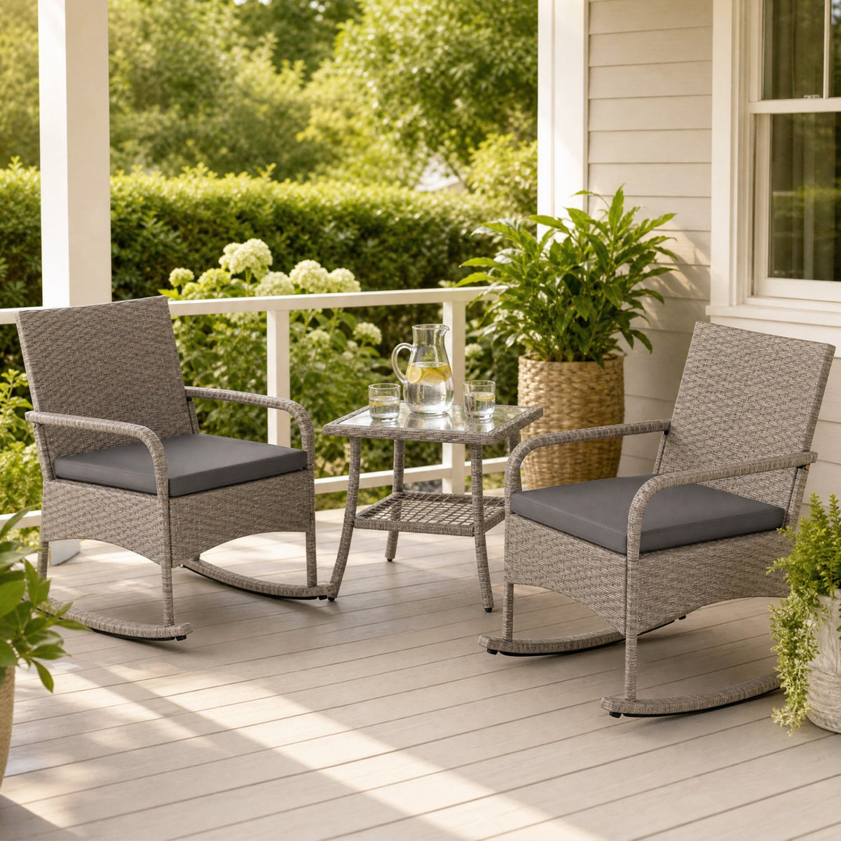 3-Piece Wicker Rocking Bistro Set with Cushions - Gray 2