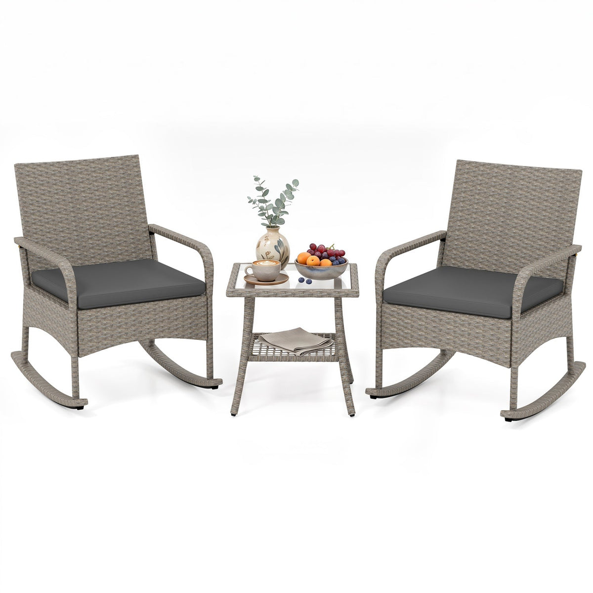 3-Piece Wicker Rocking Bistro Set with Cushions - Gray 3