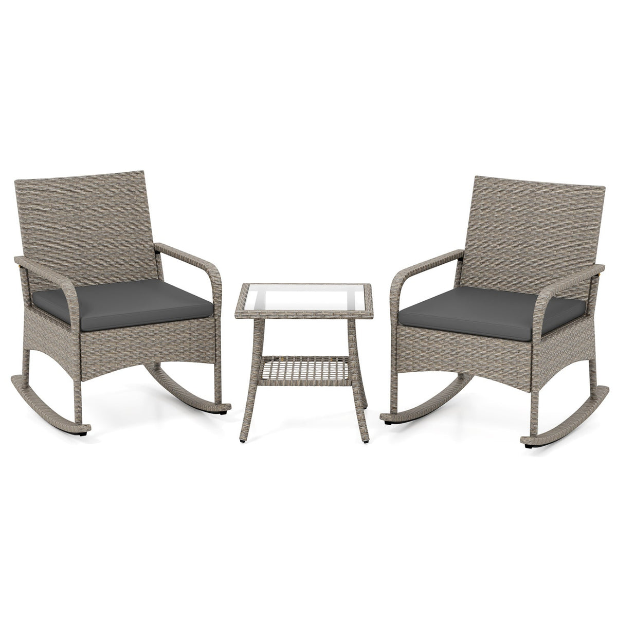 3-Piece Wicker Rocking Bistro Set with Cushions - Gray 4