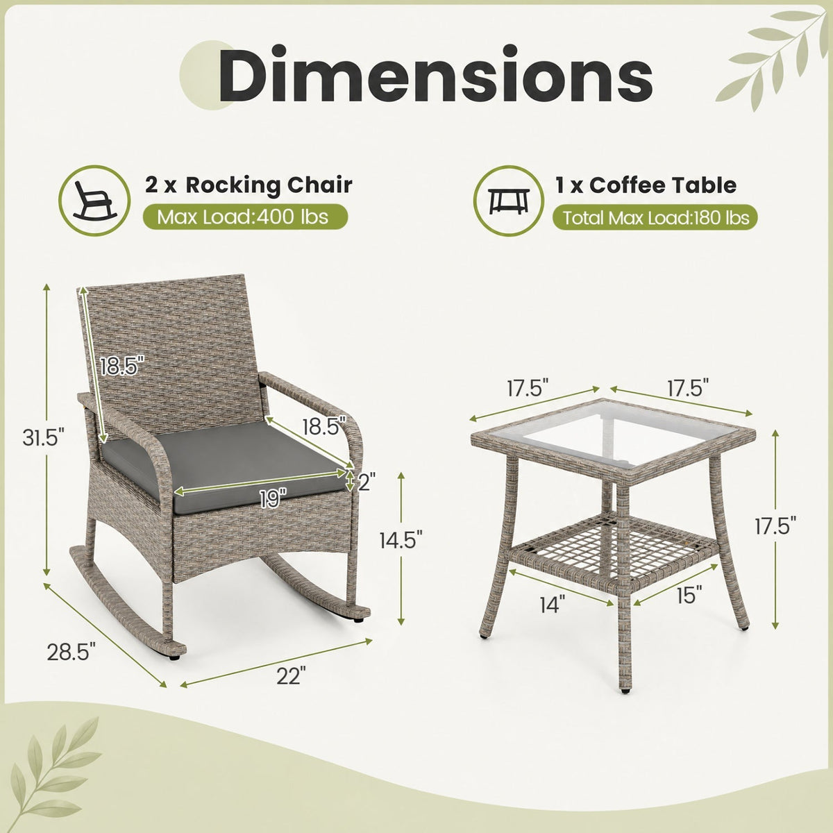 3-Piece Wicker Rocking Bistro Set with Cushions - Gray 5