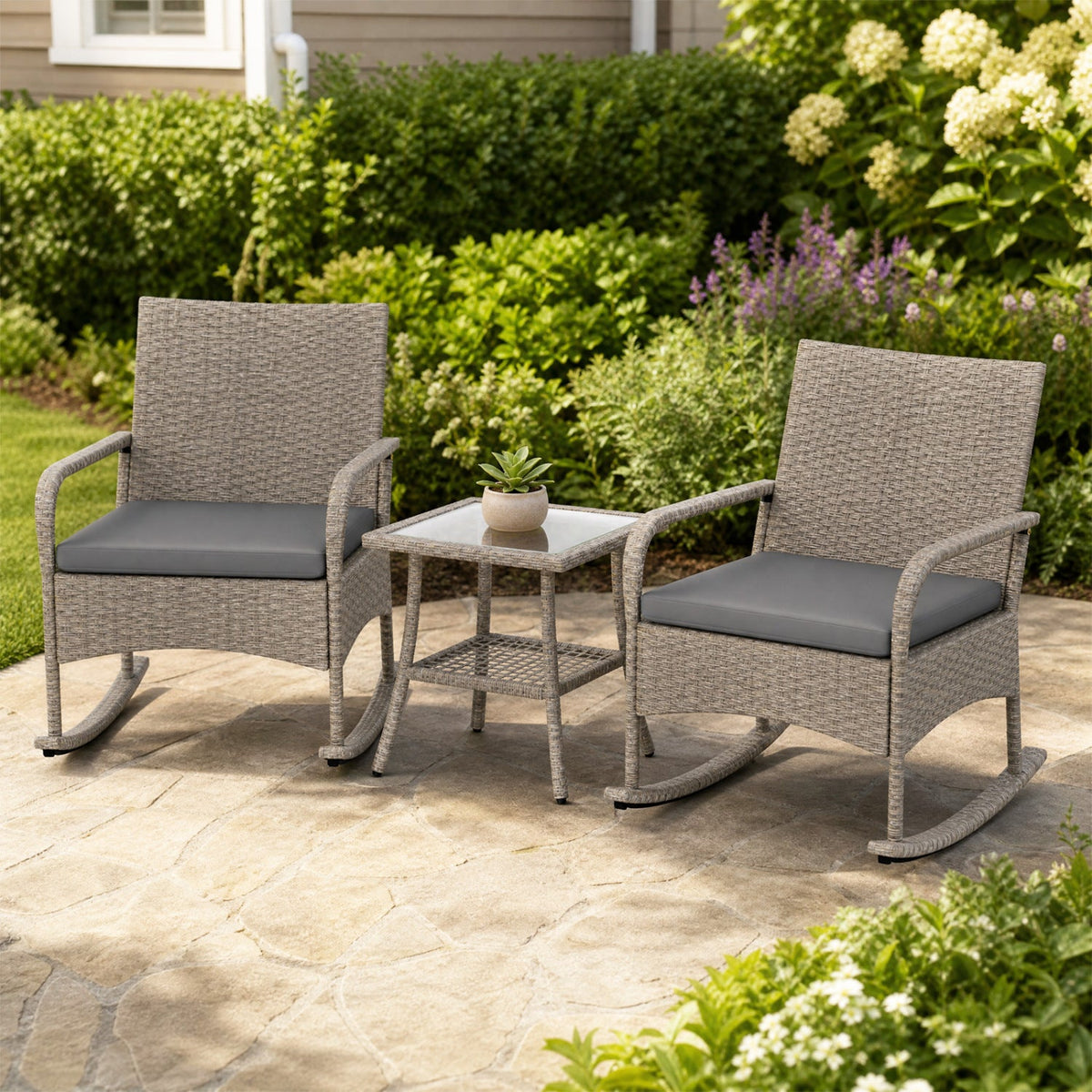 3-Piece Wicker Rocking Bistro Set with Cushions - Gray 6