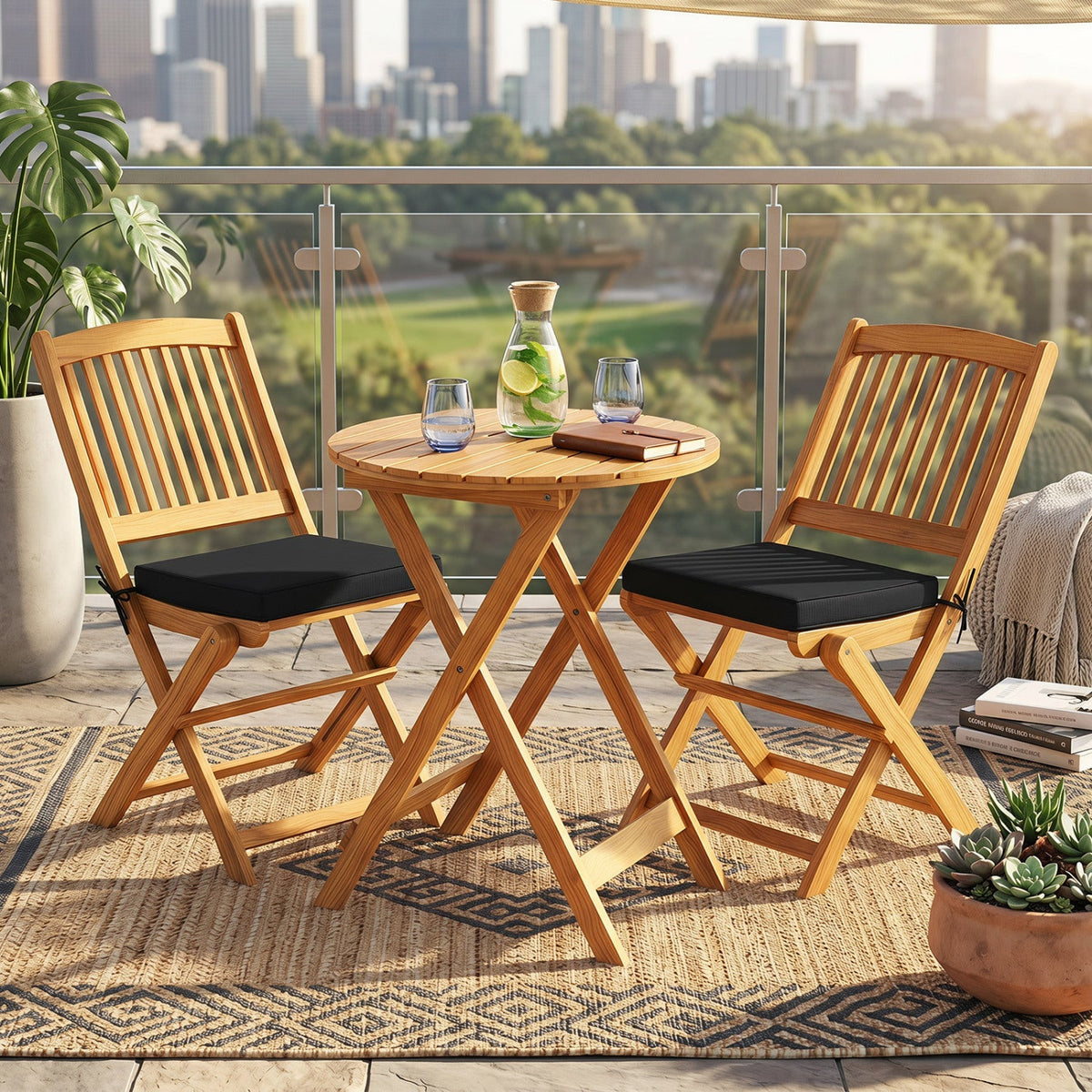 3-Piece Acacia Wood Folding Bistro Set with Cushions 1