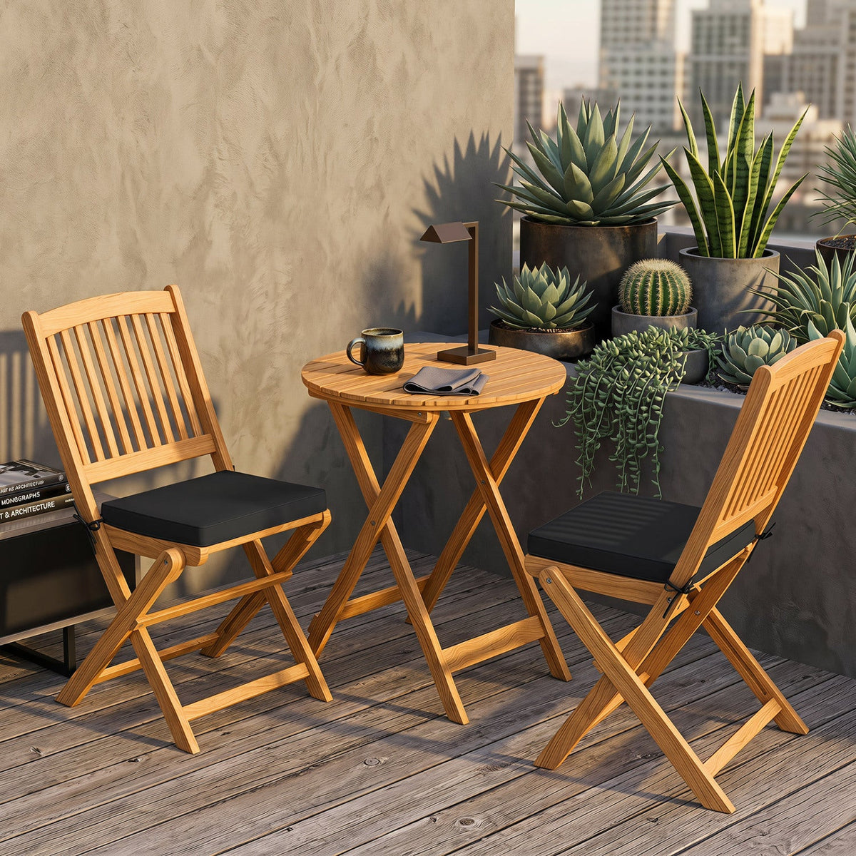 3-Piece Acacia Wood Folding Bistro Set with Cushions 2