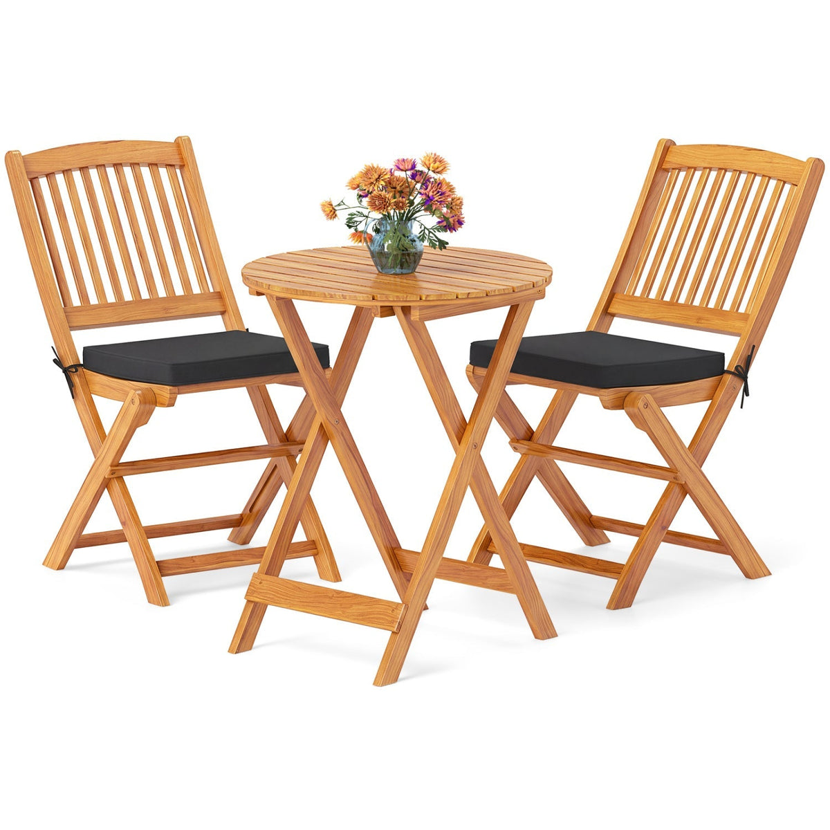 3-Piece Acacia Wood Folding Bistro Set with Cushions 3