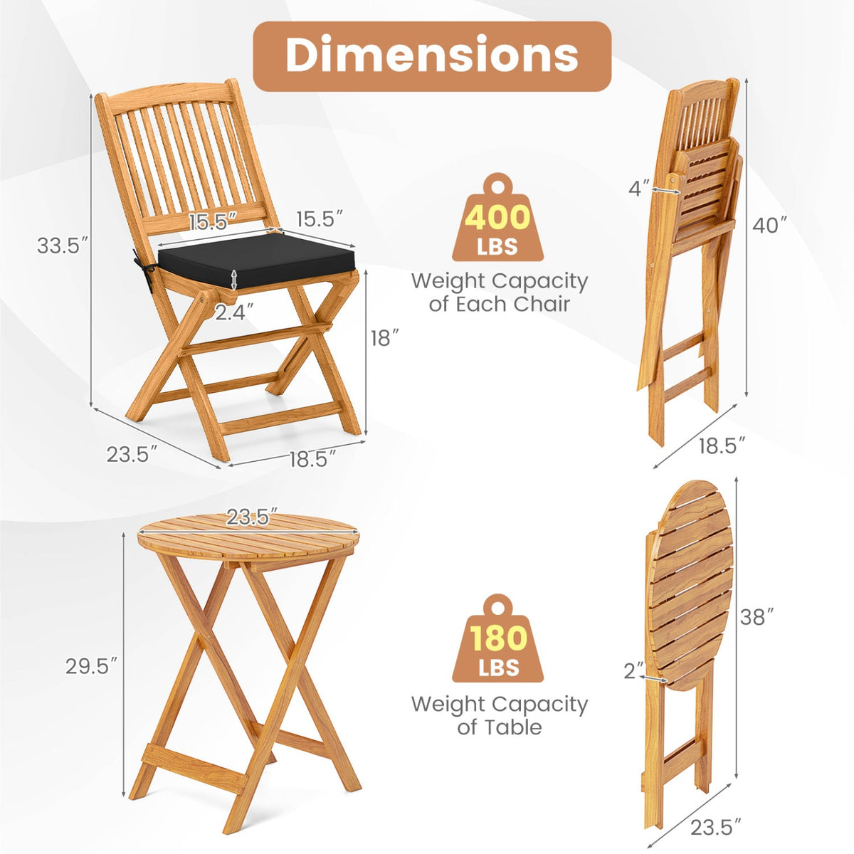 3-Piece Acacia Wood Folding Bistro Set with Cushions 5