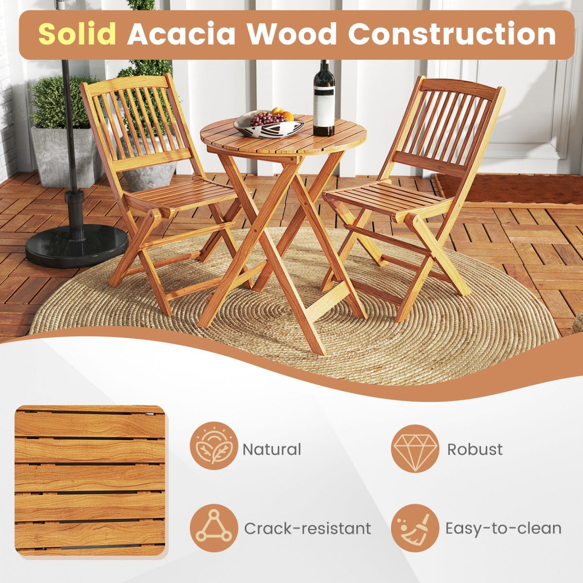 3-Piece Acacia Wood Folding Bistro Set with Cushions 6