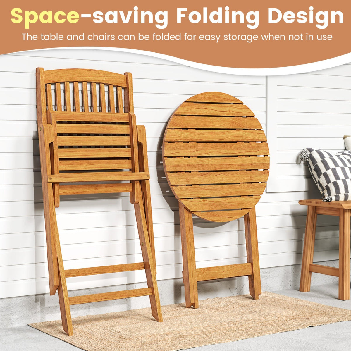 3-Piece Acacia Wood Folding Bistro Set with Cushions 7
