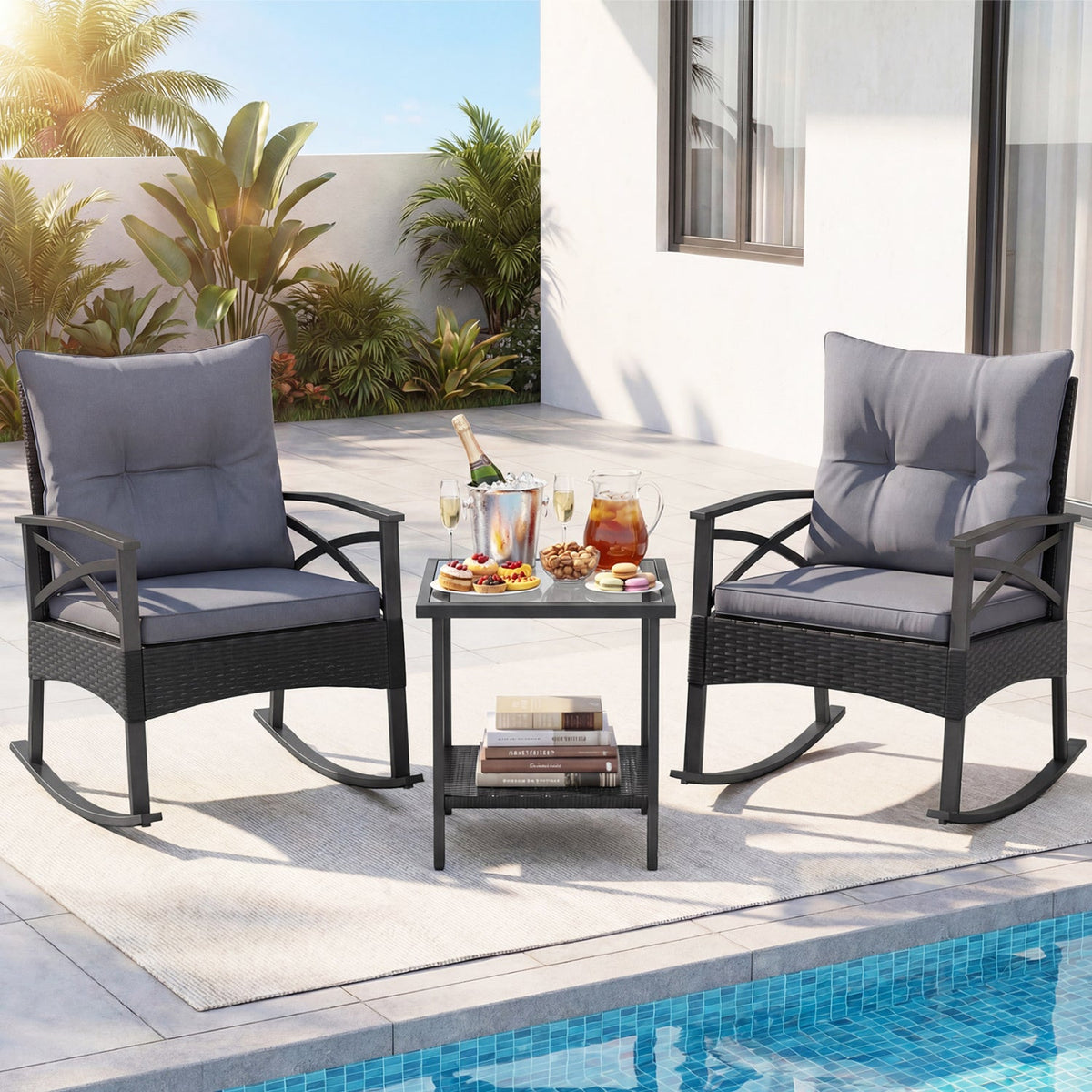Outdoor Rattan Rocking Chair Set with Side Table - 3 Pieces 1