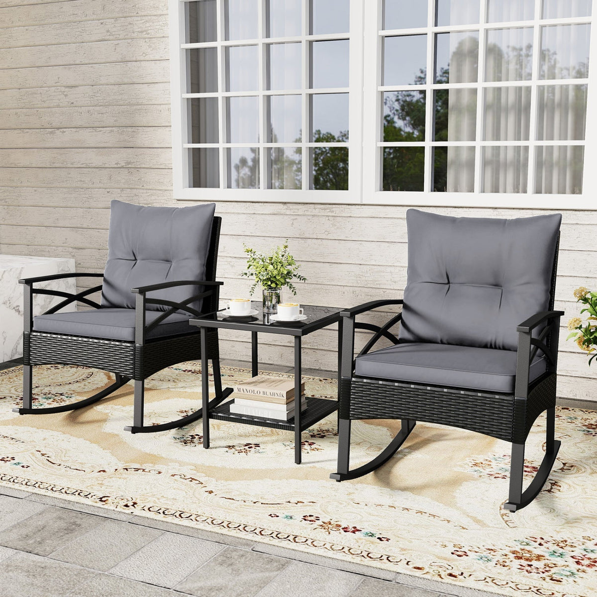 Outdoor Rattan Rocking Chair Set with Side Table - 3 Pieces 2