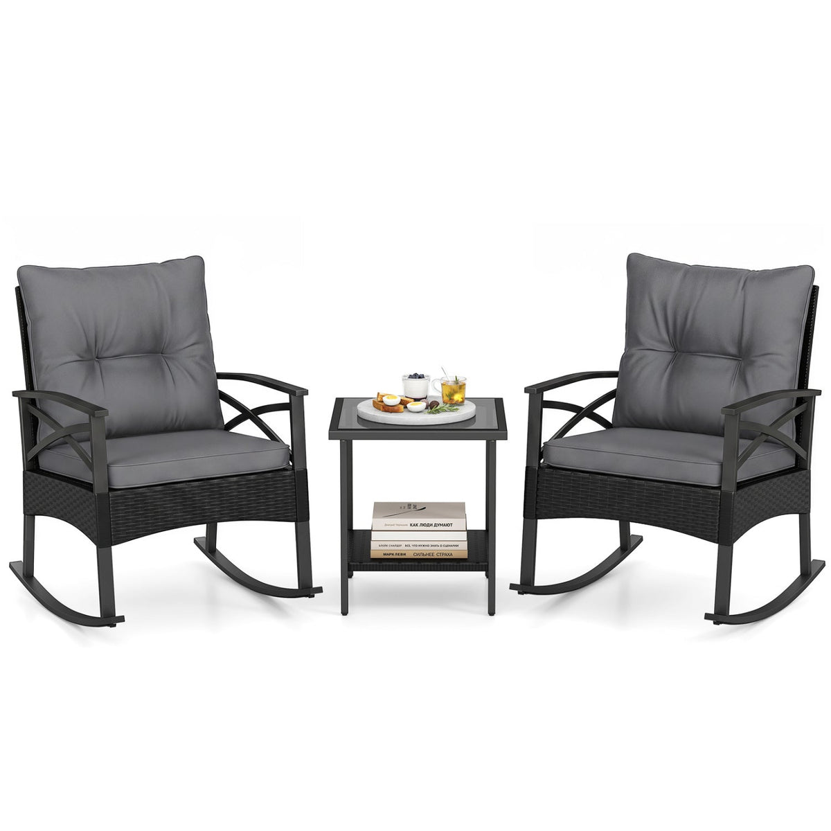 Outdoor Rattan Rocking Chair Set with Side Table - 3 Pieces 3