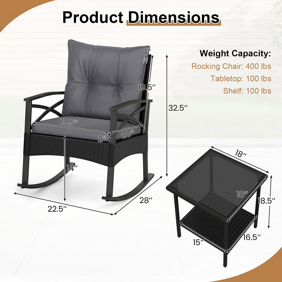 Outdoor Rattan Rocking Chair Set with Side Table - 3 Pieces 5