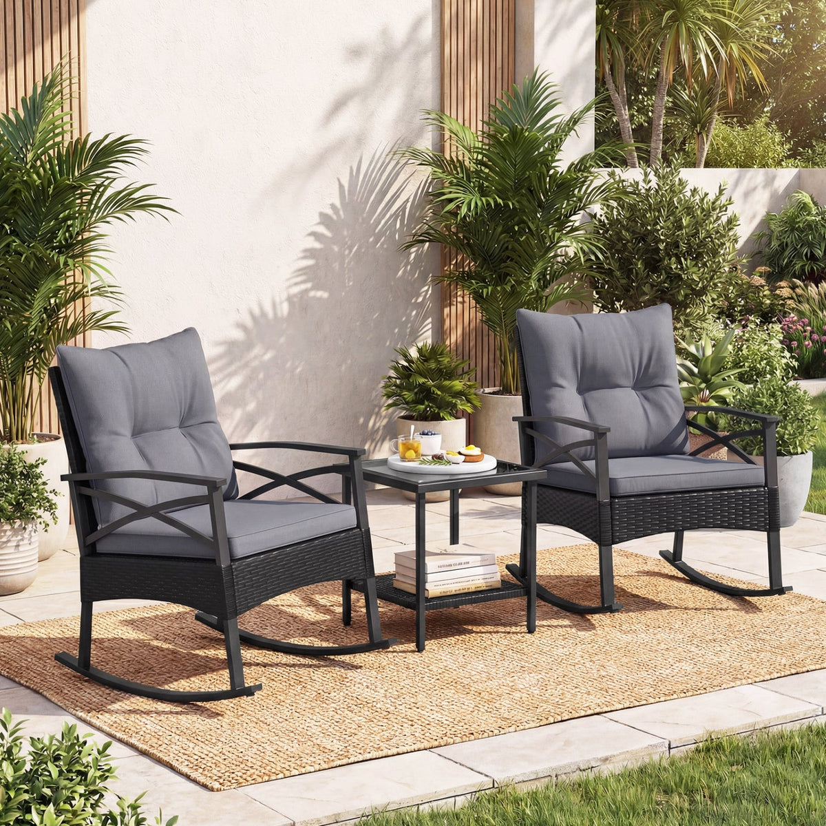 Outdoor Rattan Rocking Chair Set with Side Table - 3 Pieces 6