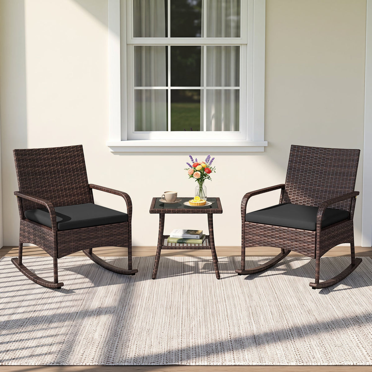 3-Piece Rocking Bistro Set with Cushions & Side Table 1