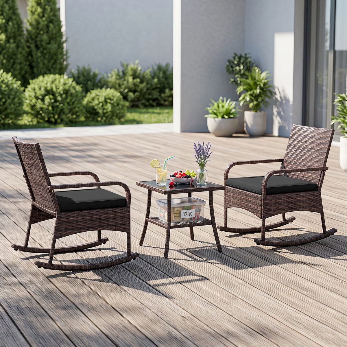 3-Piece Rocking Bistro Set with Cushions & Side Table 2