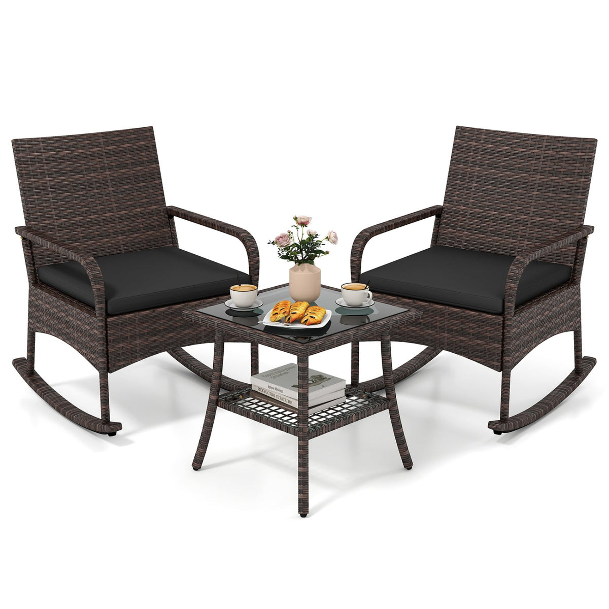 3-Piece Rocking Bistro Set with Cushions & Side Table 3