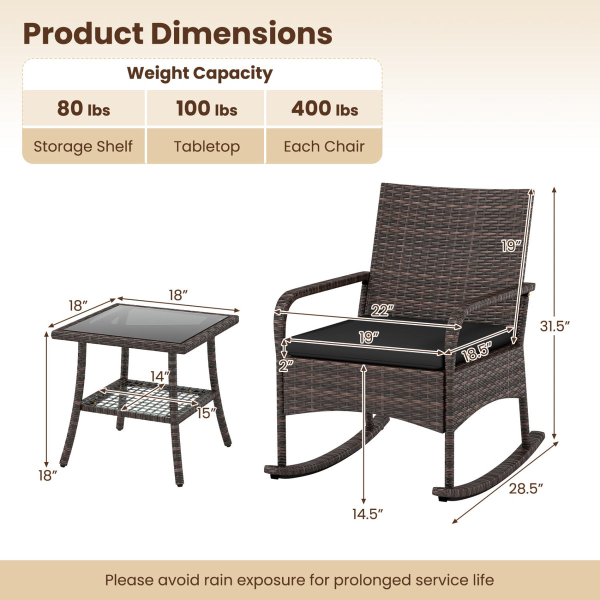 3-Piece Rocking Bistro Set with Cushions & Side Table 5