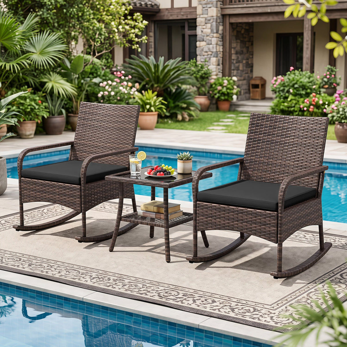 3-Piece Rocking Bistro Set with Cushions & Side Table 6