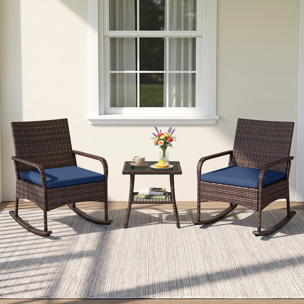 3-Piece Rocking Bistro Set with Cushions & Side Table 9