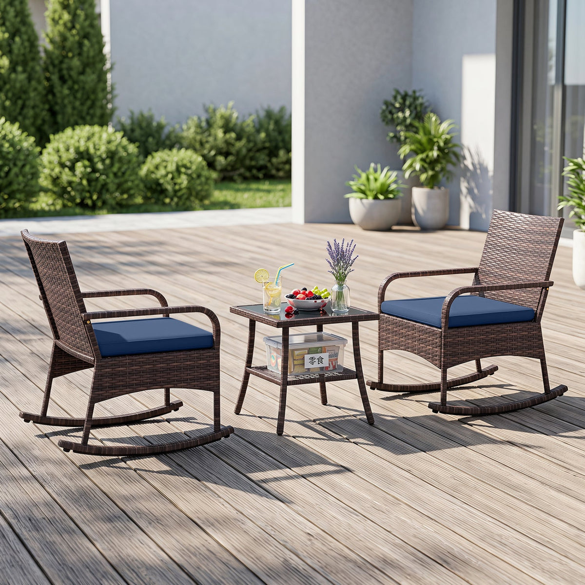 3-Piece Rocking Bistro Set with Cushions & Side Table 10