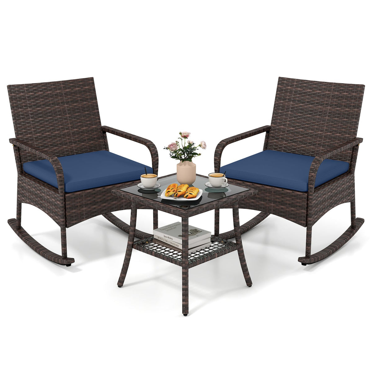 3-Piece Rocking Bistro Set with Cushions & Side Table 11