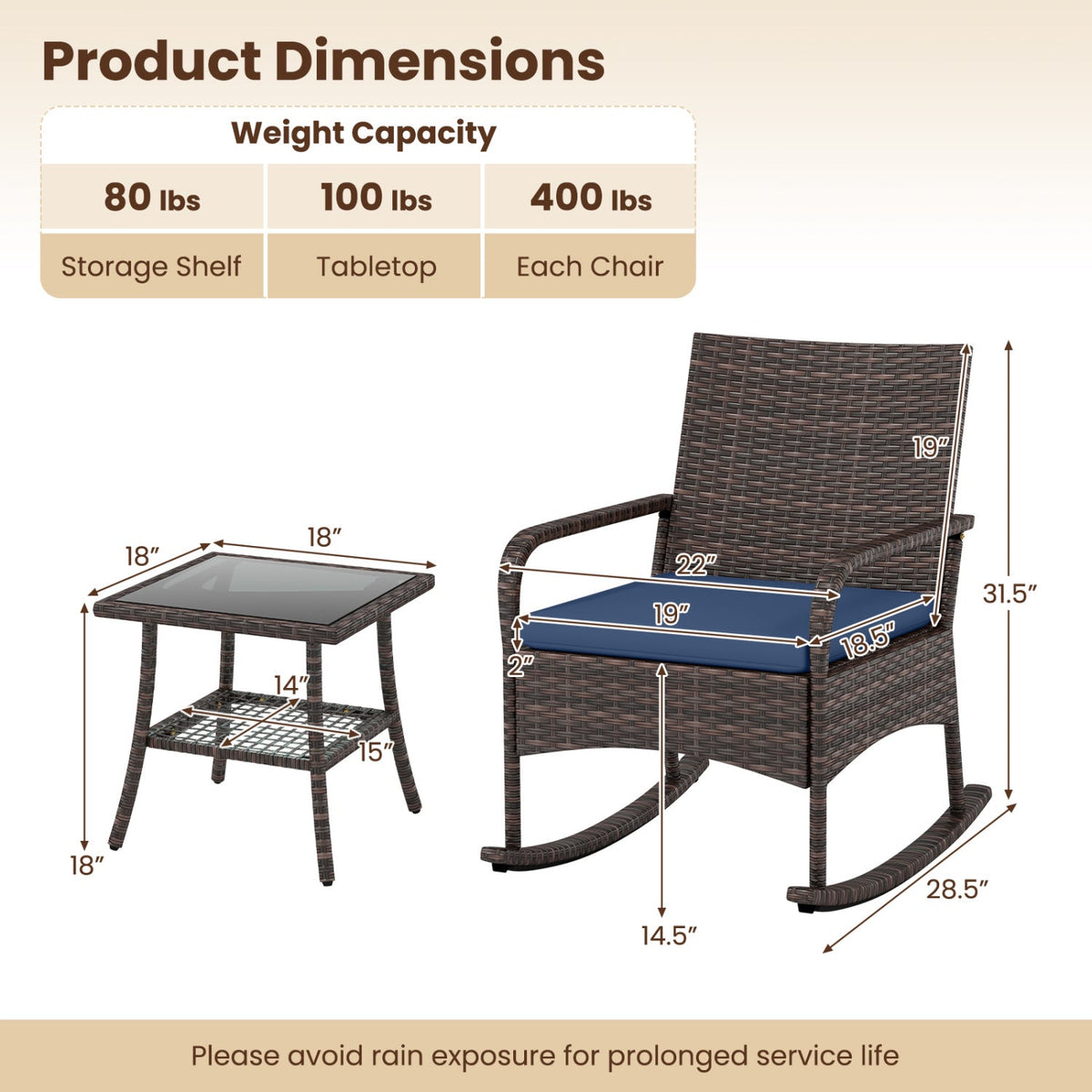 3-Piece Rocking Bistro Set with Cushions & Side Table 13