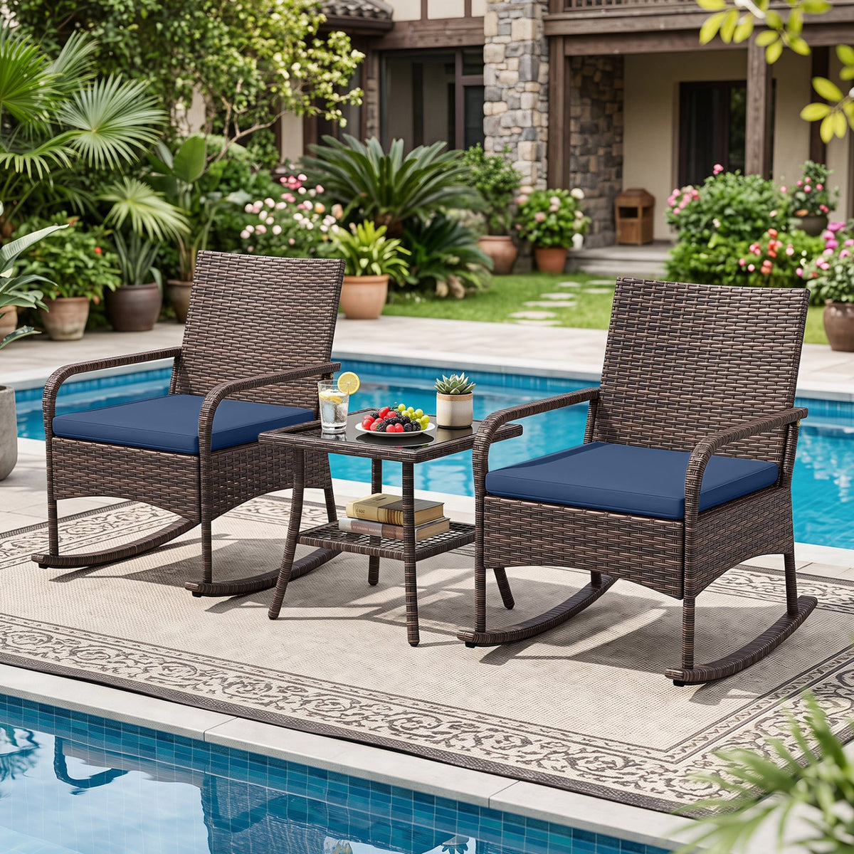 3-Piece Rocking Bistro Set with Cushions & Side Table 14