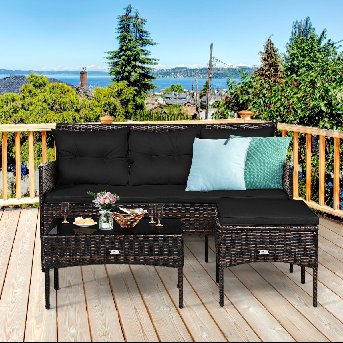 3 Pieces Patio Furniture Sectional Set with 5 Cozy 2