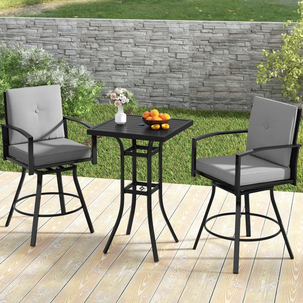 3-Piece Patio Swivel Bar Set with Cushions & Umbrella Hole 1