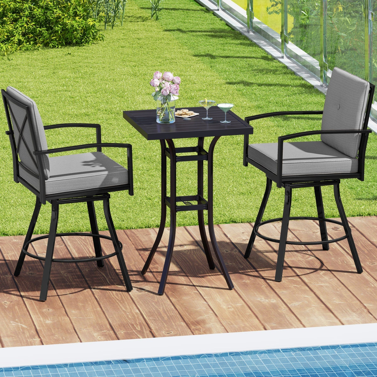 3-Piece Patio Swivel Bar Set with Cushions & Umbrella Hole 2