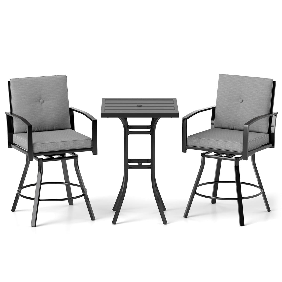 3-Piece Patio Swivel Bar Set with Cushions & Umbrella Hole 3