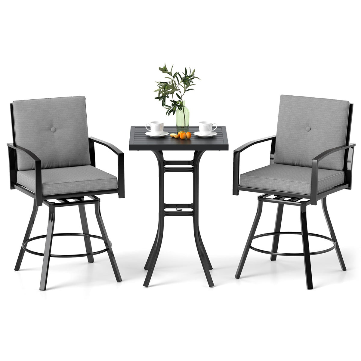 3-Piece Patio Swivel Bar Set with Cushions & Umbrella Hole 4