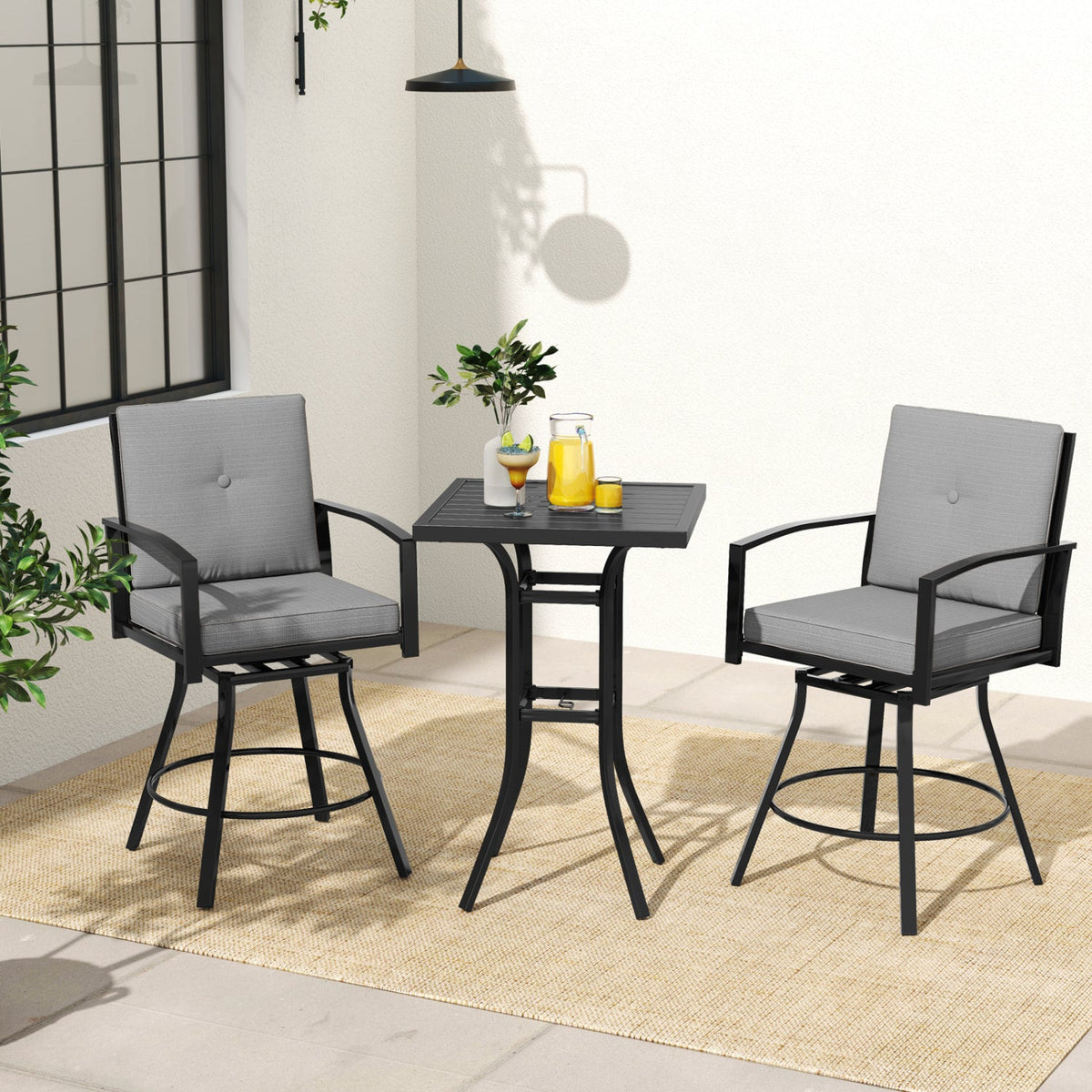 3-Piece Patio Swivel Bar Set with Cushions & Umbrella Hole 6