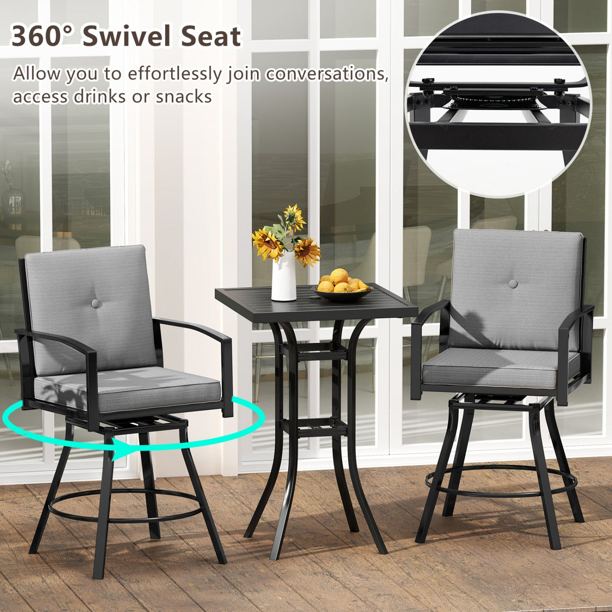 3-Piece Patio Swivel Bar Set with Cushions & Umbrella Hole 7