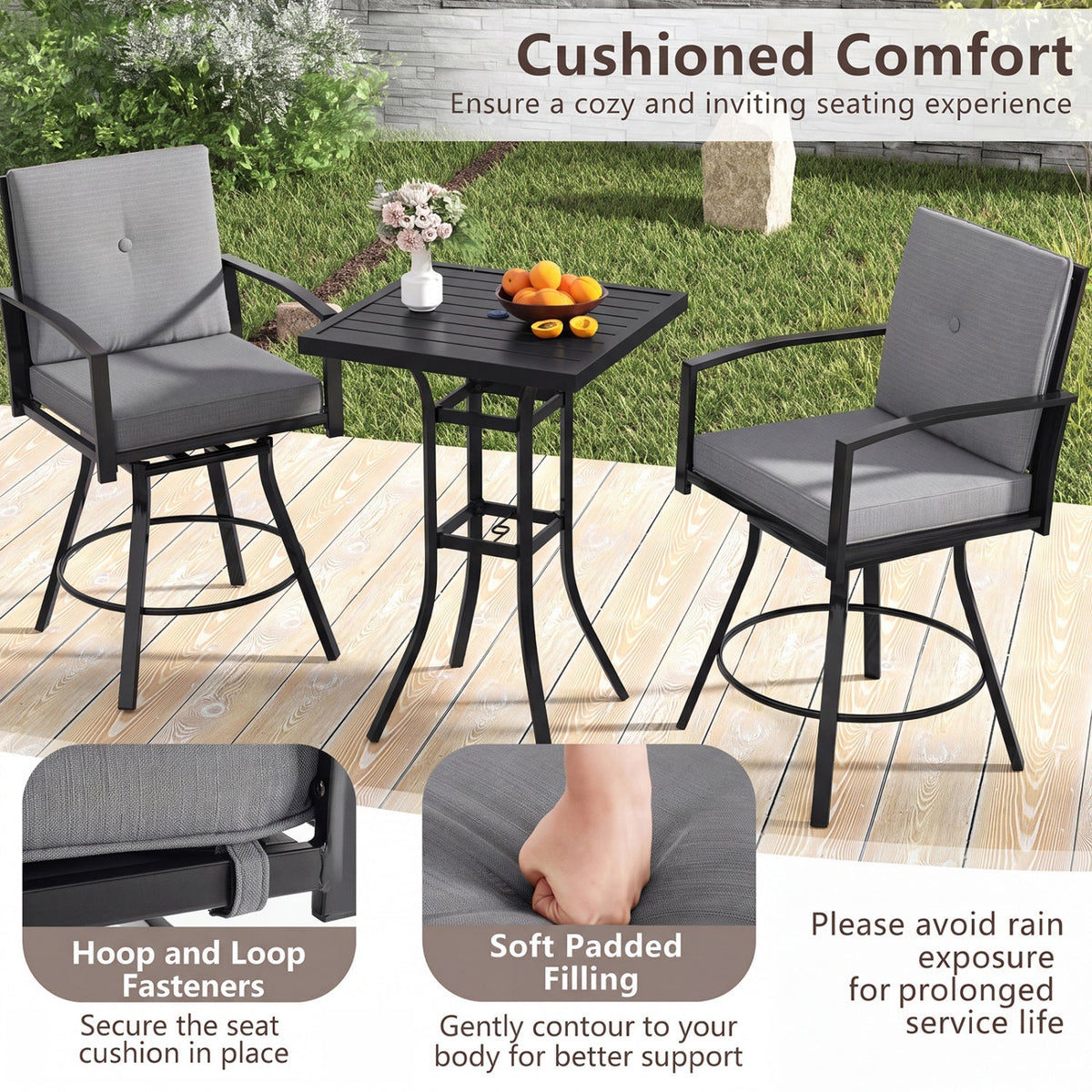 3-Piece Patio Swivel Bar Set with Cushions & Umbrella Hole 8