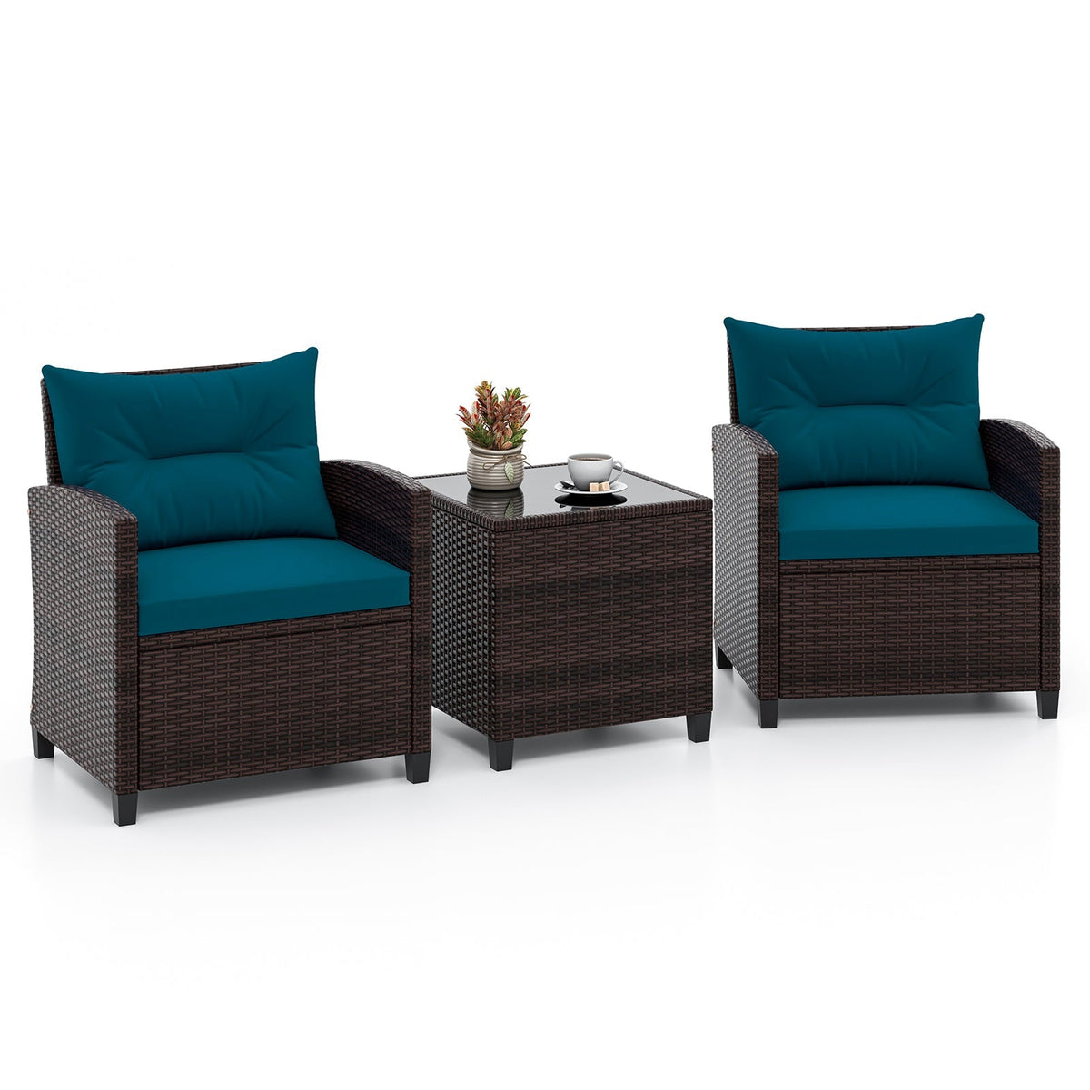3 Pcs Patio Rattan Furniture Set Cushioned Conversation Set Coffee Table-Beige 15