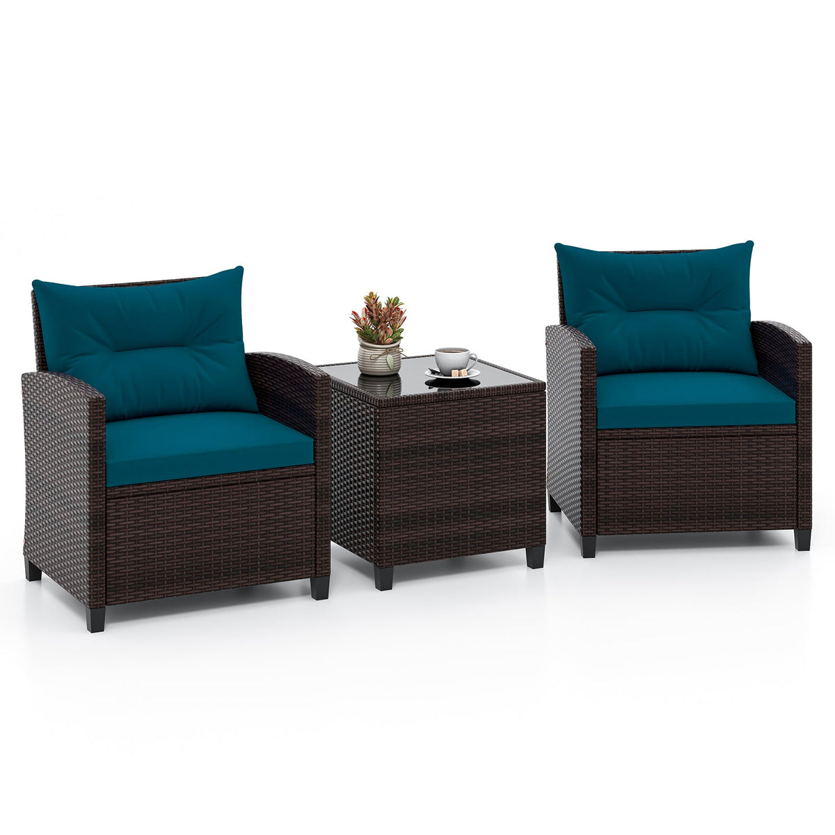 3 Pcs Patio Rattan Furniture Set Cushioned Conversation Set Coffee Table-Beige 15