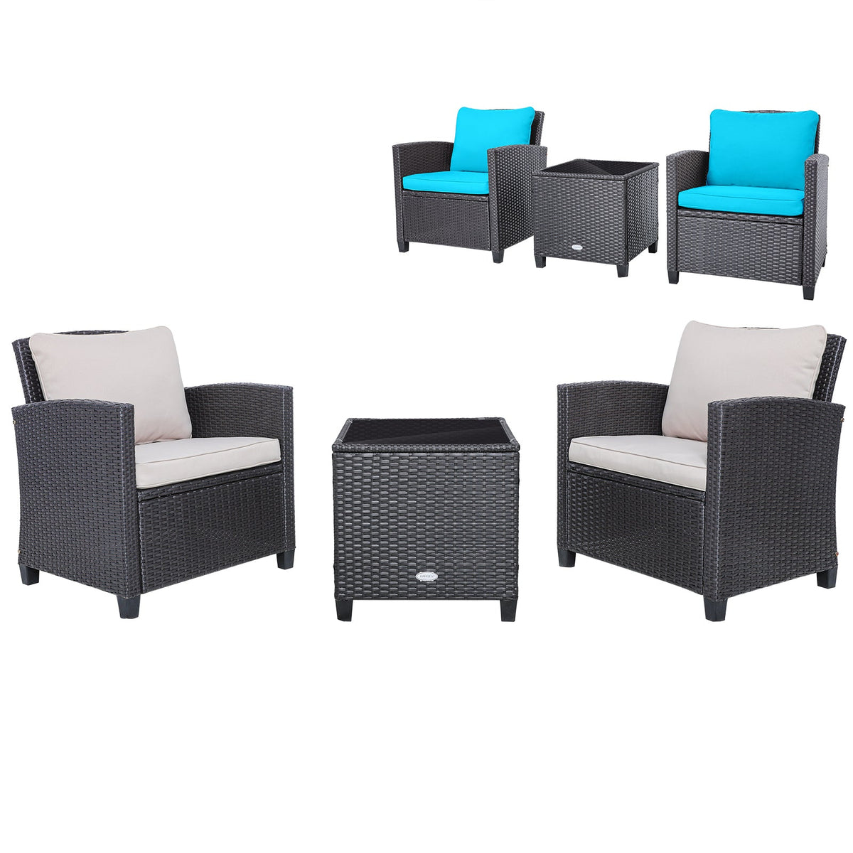 3 Pcs Patio Rattan Furniture Set Cushioned Conversation Set Coffee Table-Beige 10