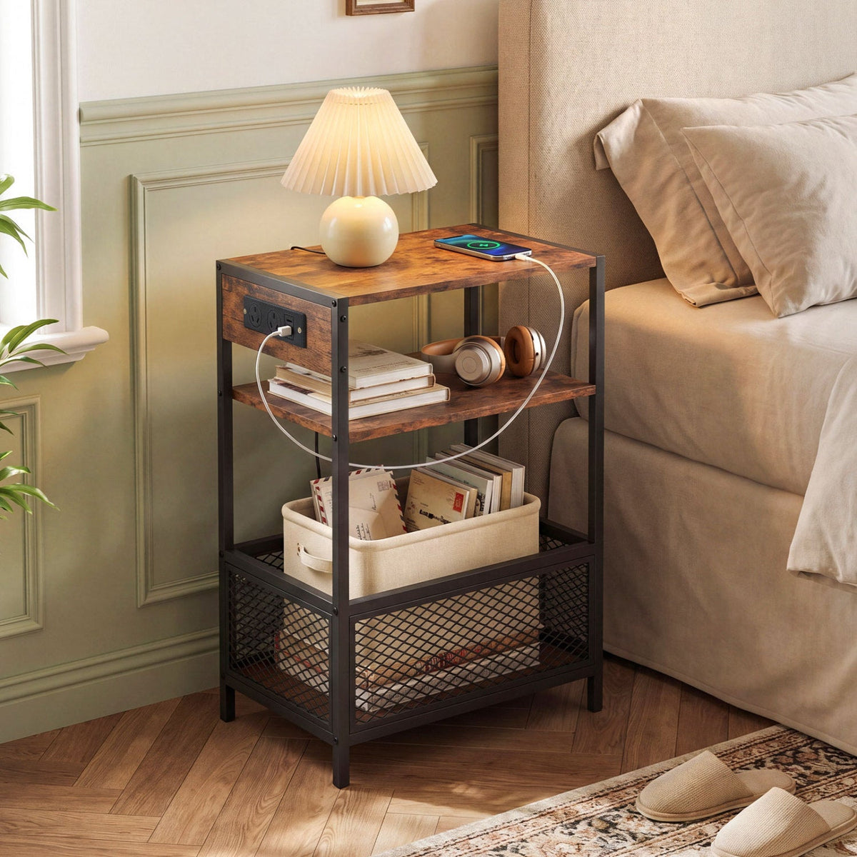 Industrial Side Table with USB-C & AC Outlets, 3-Tier 2