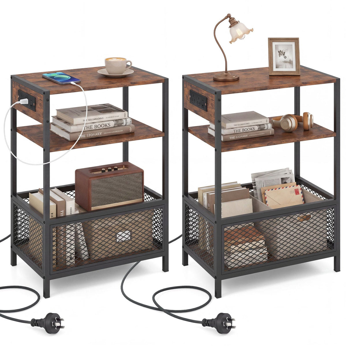 Industrial Side Table with USB-C & AC Outlets, 3-Tier 3