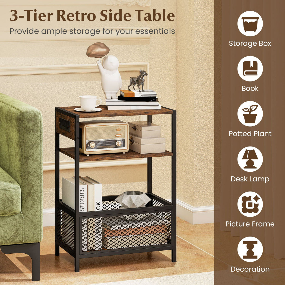 Industrial Side Table with USB-C & AC Outlets, 3-Tier 5