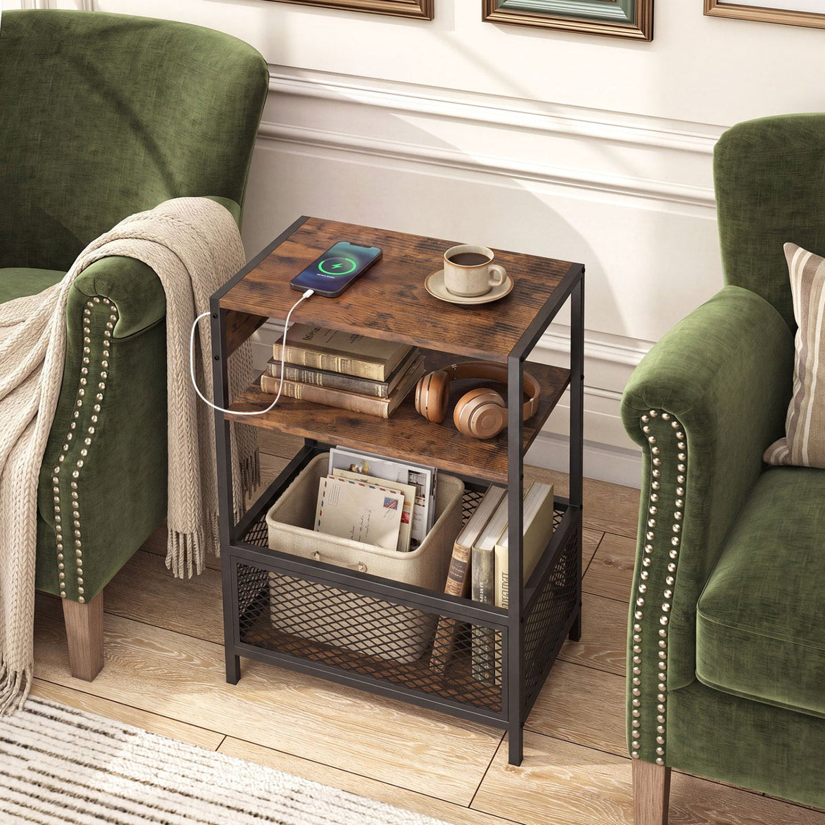 Industrial Side Table with Built-In Charging Station 1