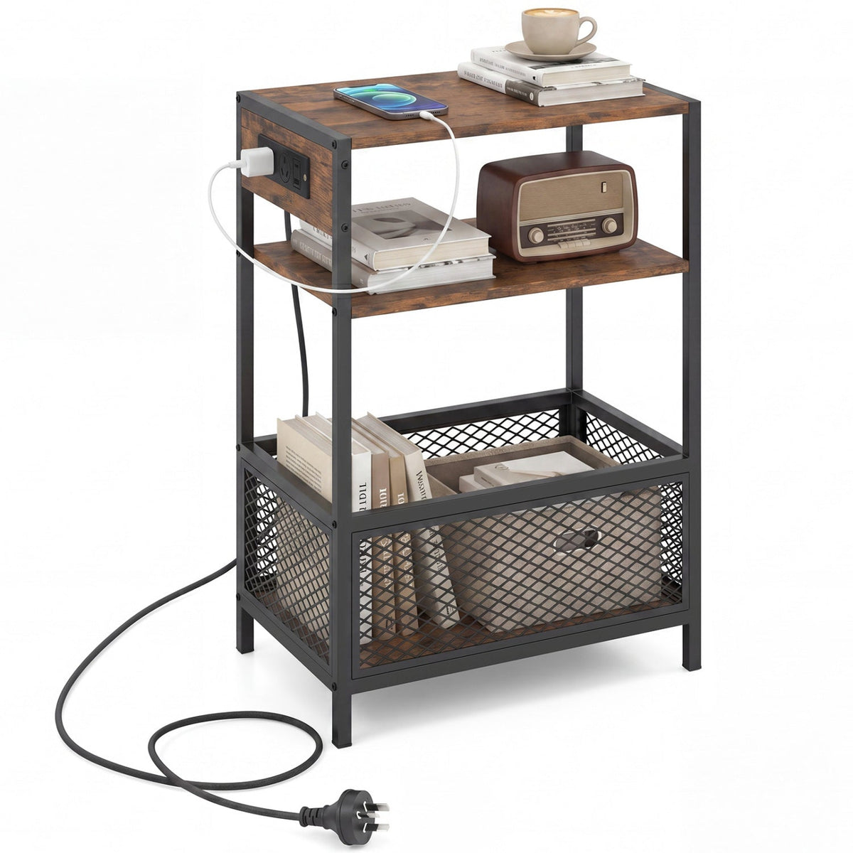 Industrial Side Table with Built-In Charging Station 3