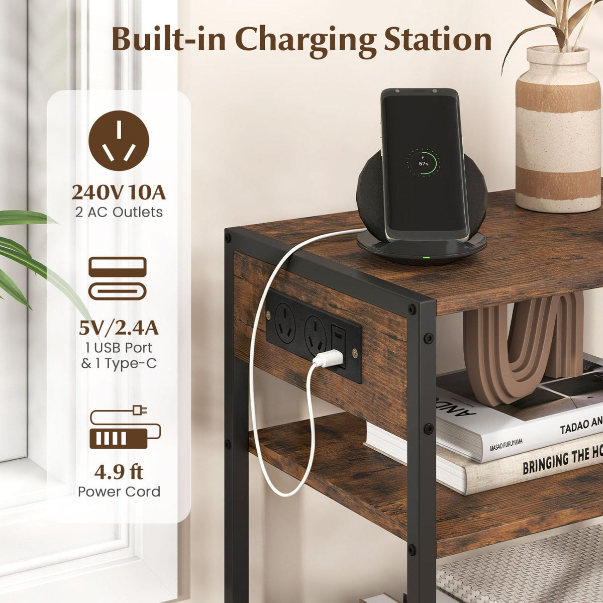 Industrial Side Table with Built-In Charging Station 7
