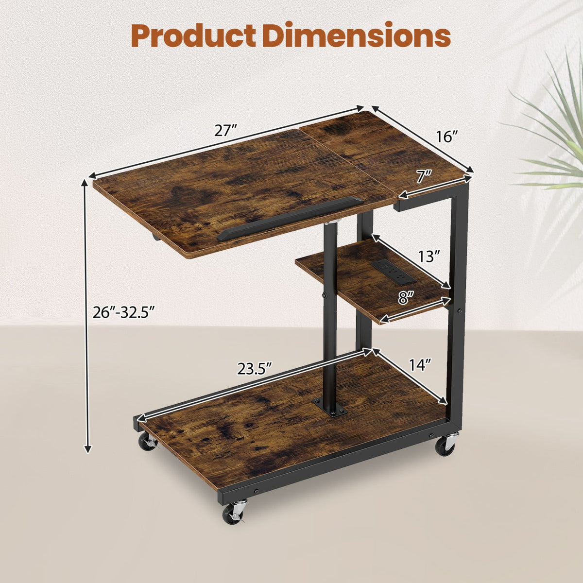 3-Tier Mobile Couch Side Table with Tiltable Tabletop 4