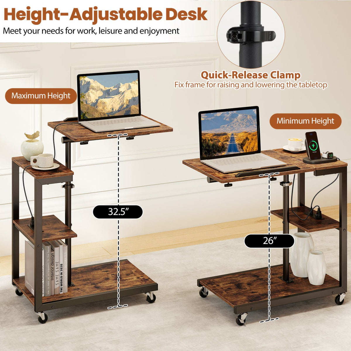 3-Tier Mobile Couch Side Table with Tiltable Tabletop 5