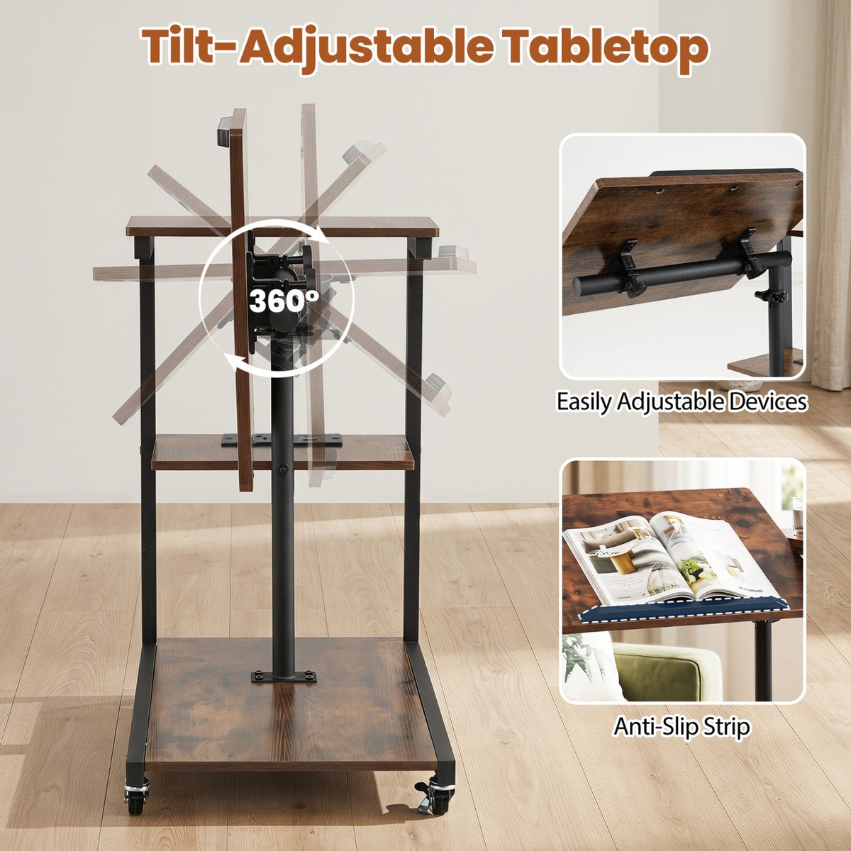 3-Tier Mobile Couch Side Table with Tiltable Tabletop 7